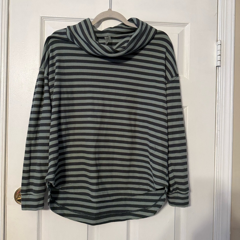 Lou & Grey Striped Cowl Neck Sweater In Sage And Charcoal